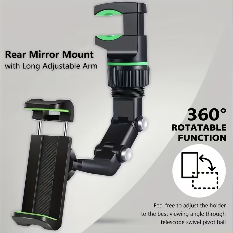 360° Rotatable Rearview Mirror Car Phone Mount with Long Adjustable Arm